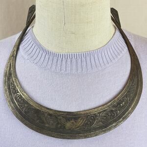 Vintage Miao Hmong Ceremonial Tribal Collar Artisan Necklace Etched Bird Floral